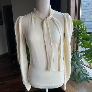 Vintage Jacques De Loux Cashmere Cream Tie-Neck Sweater Puff Sleeves size S